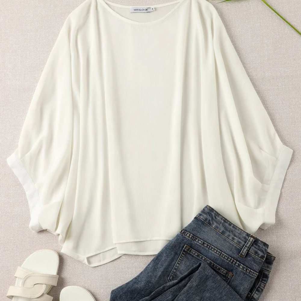 Plain Batwing Cocktail Crew Neck Cocoon Blouse - Picture 2 of 5
